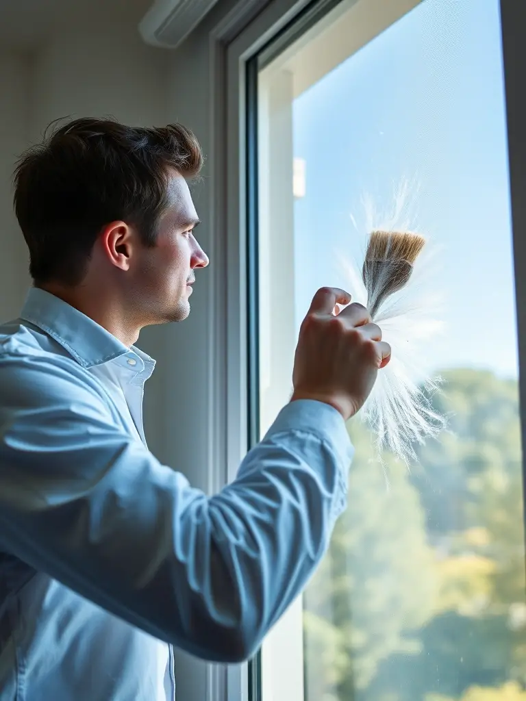 A technician carefully cleaning a window screen with a soft brush, showcasing the removal of dust and dirt. The background shows a bright, clear view through the cleaned screen.