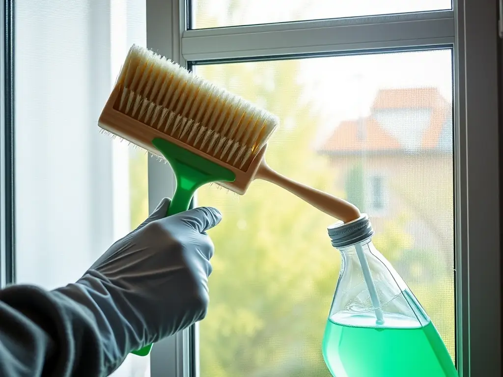 A technician meticulously cleaning a window screen with a soft brush and eco-friendly cleaning solution, with a focus on removing dust and grime to restore clarity.