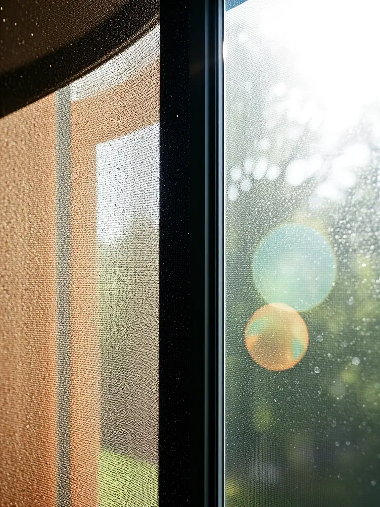A split-screen image showing a dirty, dusty window screen on one side and a sparkling clean screen on the other, demonstrating the dramatic difference after Screen Busters' cleaning service.