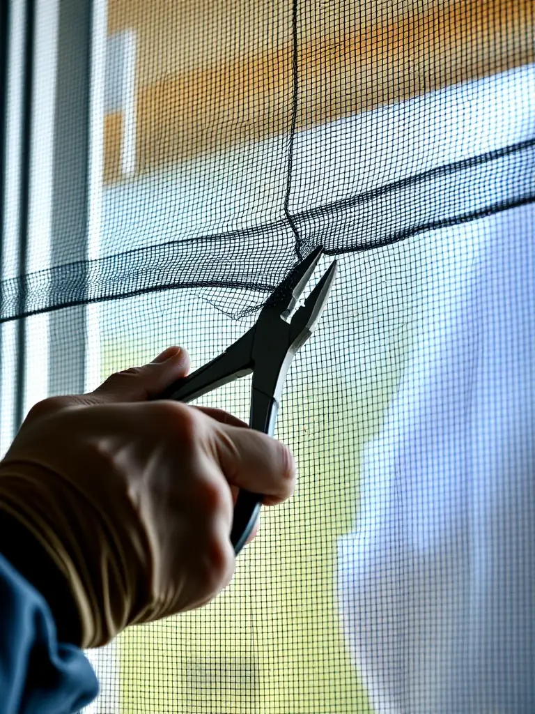 A close-up shot of a technician repairing a torn window screen with precision tools, highlighting the repair process and the restored screen.
