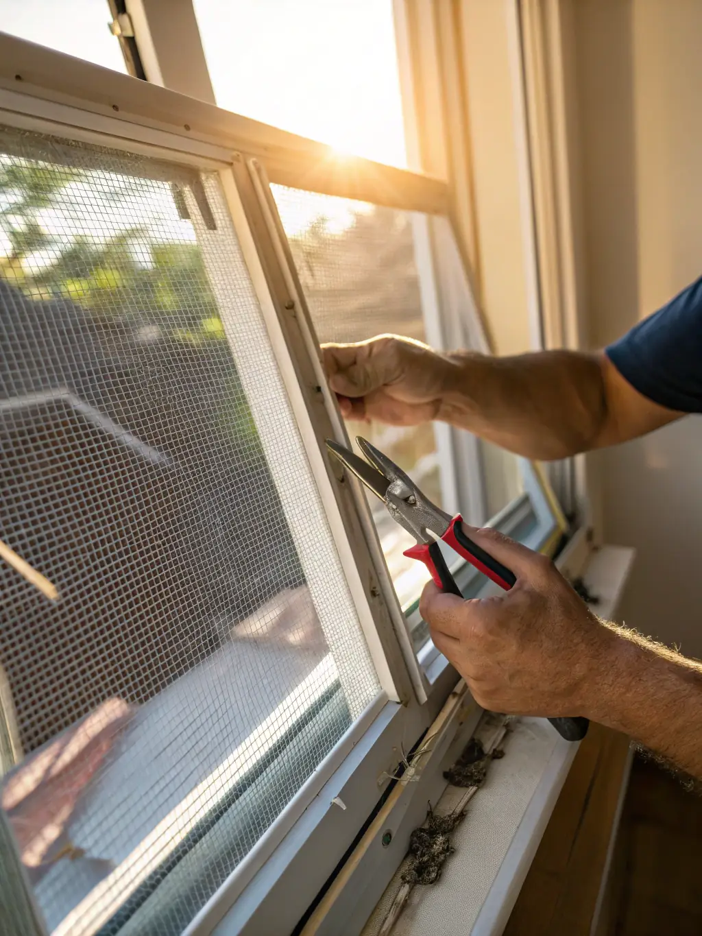A brand-new window screen being installed in a window frame, highlighting the quality and durability of the replacement screen. The image conveys a sense of newness and improved functionality.