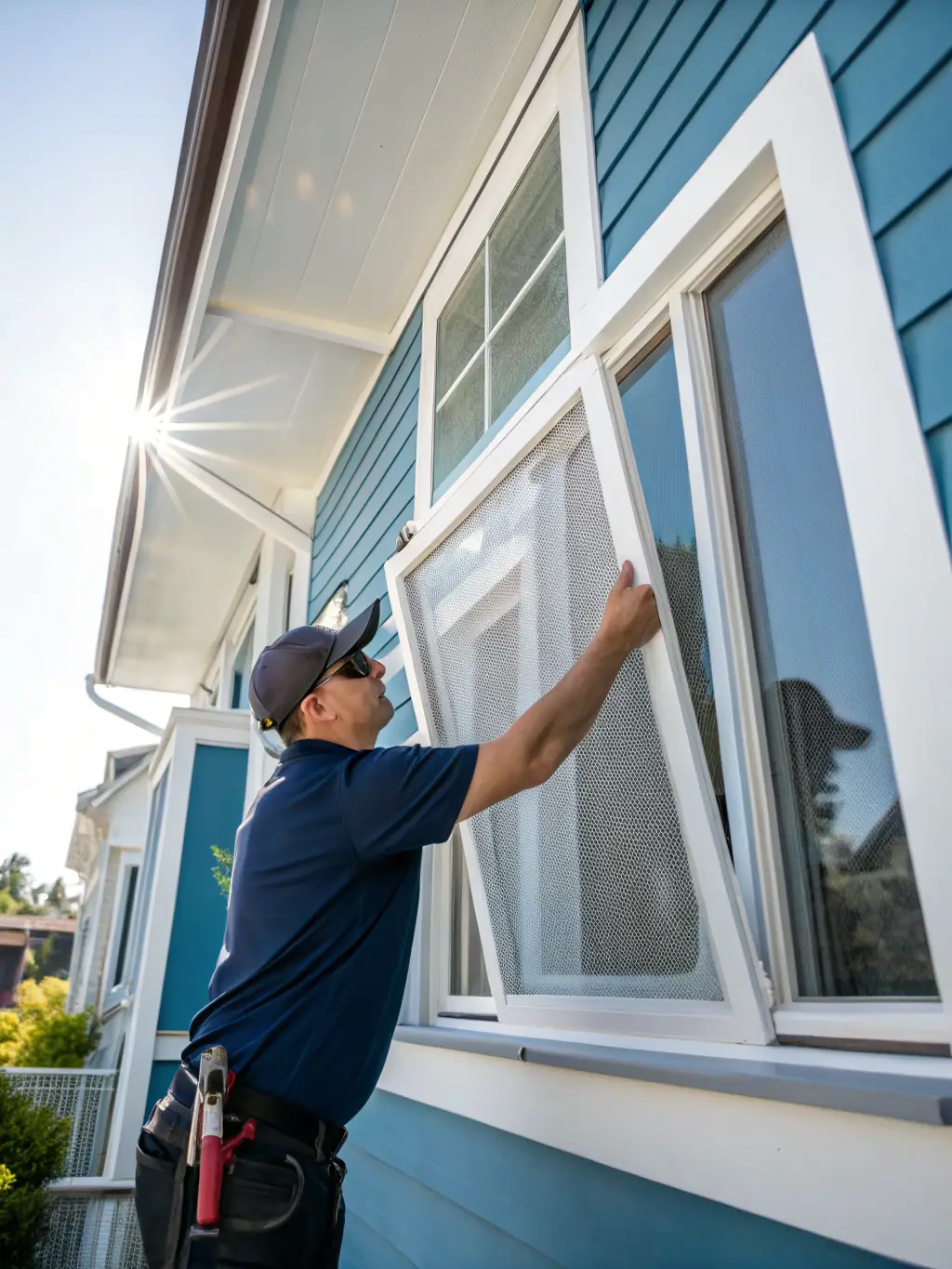 A brand-new, high-quality window screen being installed into a window frame, emphasizing the durability and perfect fit of the replacement.