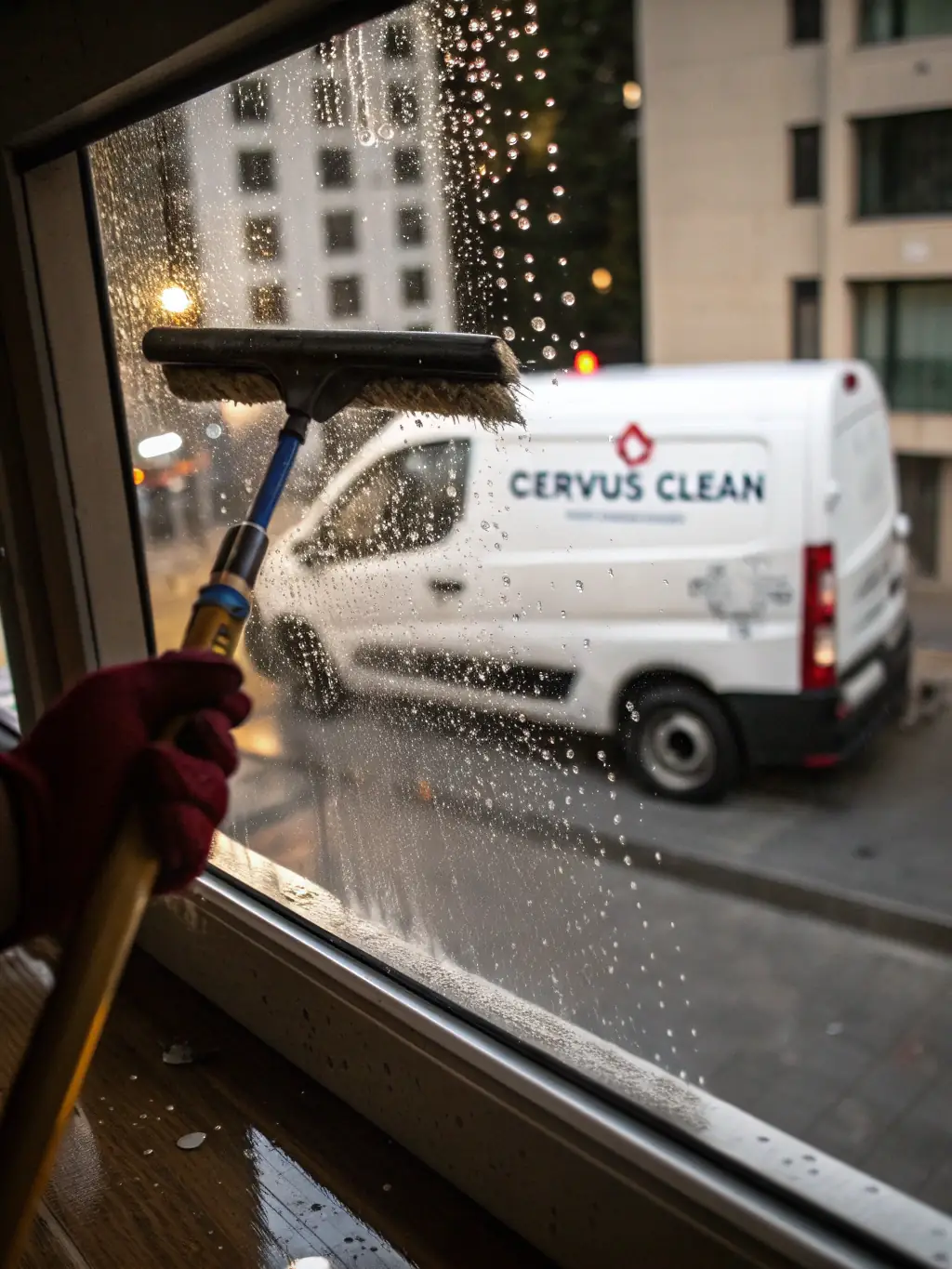 A close-up shot of a window screen being professionally cleaned, with visible dirt and grime being removed to reveal a clean surface. The focus is on the cleaning process and the immediate improvement in clarity.
