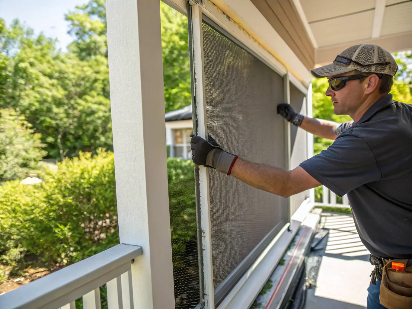 A technician installing a brand-new, high-quality window screen into a window frame, ensuring a perfect fit and seamless integration with the existing structure.