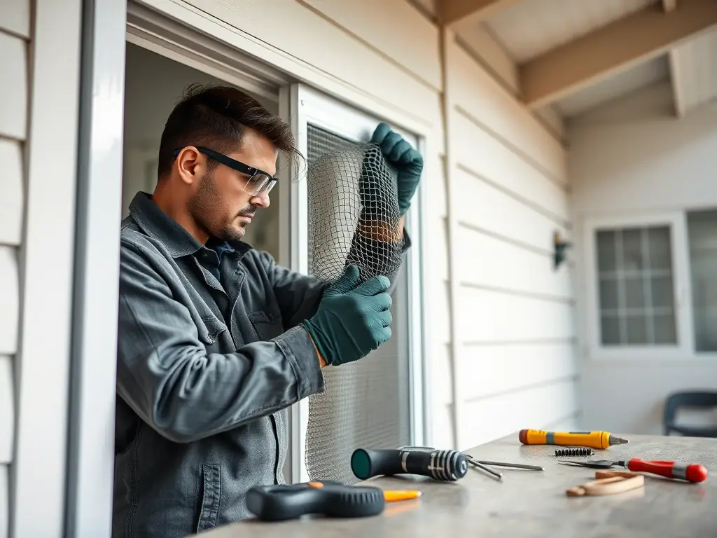 A technician expertly repairing a torn window screen with precision tools, focusing on mending the fabric and reinforcing the frame for durability.